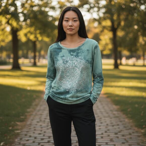 INC Sage Green Tie Dye Long Sleeve Top with Metallic Mandala Design - Picture 1 of 5
